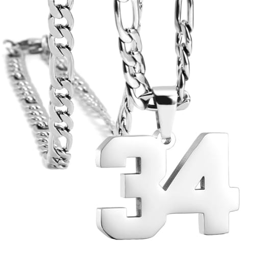 HIJONES Herren Edelstahl Basketball Fußball Baseball Mannschaft Nummer Anhänger Chunky Kette Sport Halskette Silber 34 von HIJONES