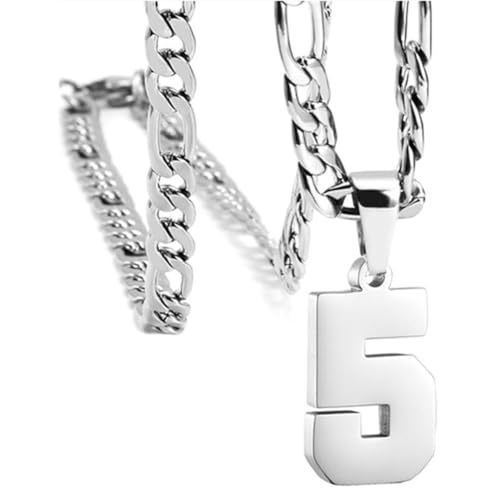 HIJONES Herren Edelstahl Basketball Fußball Baseball Mannschaft Nummer Anhänger Chunky Kette Sport Halskette Silber 5 von HIJONES