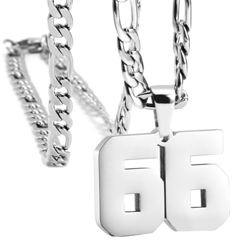 HIJONES Herren Edelstahl Basketball Fußball Baseball Mannschaft Nummer Anhänger Chunky Kette Sport Halskette Silber 66 von HIJONES