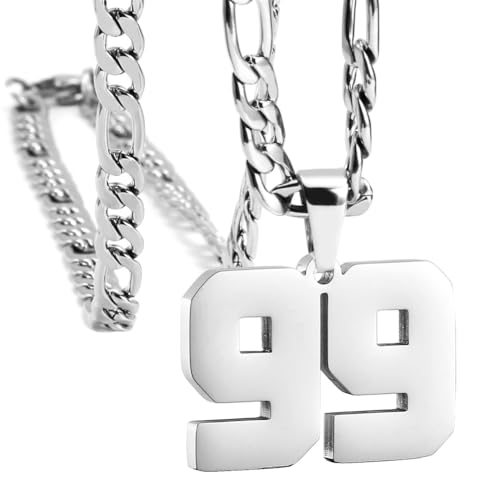 HIJONES Herren Edelstahl Basketball Fußball Baseball Mannschaft Nummer Anhänger Chunky Kette Sport Halskette Silber 99 von HIJONES