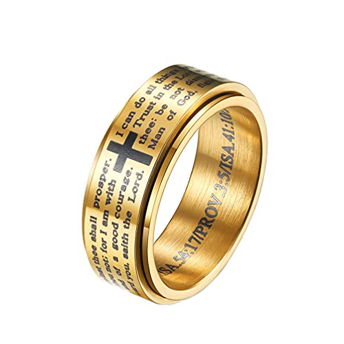 HIJONES Herren Edelstahl Bibel Vers Lords Prayer Kreuz Gott Ring Farben Spinner Gold Ringe Größe 60 von HIJONES