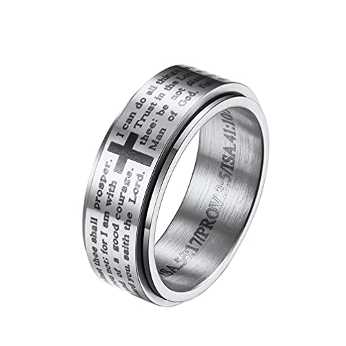 HIJONES Herren Edelstahl Bibel Vers Lords Prayer Kreuz Gott Ring Farben Spinner Silber Ringe Größe 57 von HIJONES