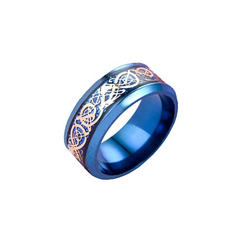 HIJONES Herren Edelstahl Blau Keltischer Gold Drachen Ring Mit Carbon Fiber Inlay Ehering 8MM Blau Größe 70 von HIJONES