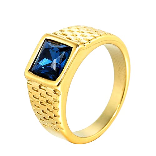 HIJONES Herren Edelstahl Blau Stein Ring Quadratisch Edelstein Pinky Finger Ringe mit Kristall Statement Schmuck Gold Größe 57 von HIJONES