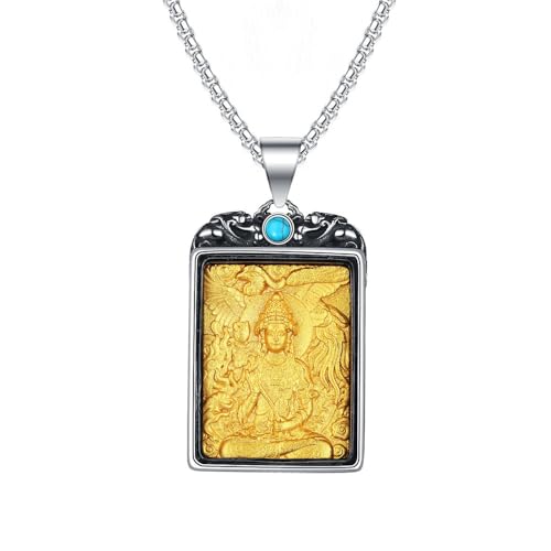 HIJONES Herren Edelstahl Buddha Anhänger Halskette mit Blauem Edelstein Buddhistisches Amulett Schutzpatron Schmuck mit Kette Mahasthamaprapta Bodhisattva von HIJONES