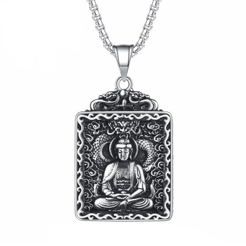 HIJONES Herren Edelstahl Chinesisches Tierkreiszeichen Buddha Anhänger Halskette Buddhistisches Amulett Schutzpatron Schmuck mit Kette Vairocana Buddha von HIJONES