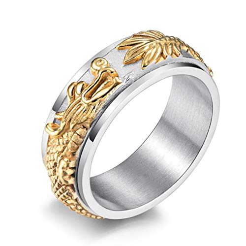 HIJONES Herren Edelstahl Drehbarer Drachen Ring 8MM Breites Silber Größe 60 von HIJONES