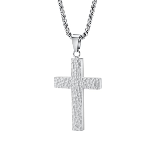 HIJONES Herren Edelstahl Gehämmerte Oberfläche Kreuz Halskette Einfacher Anhänger Mit Kette Silber von HIJONES