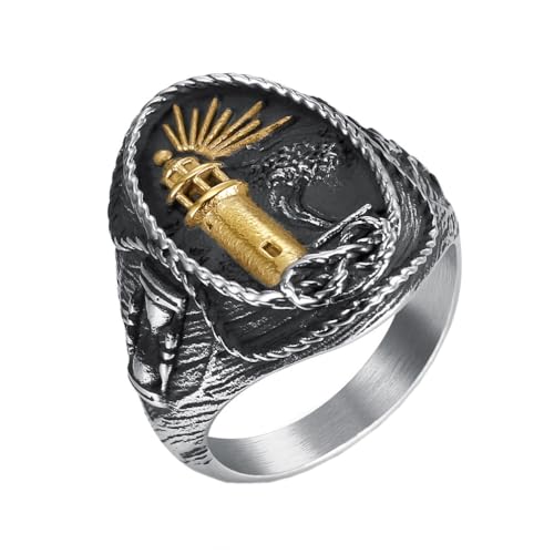 HIJONES Herren Edelstahl Gothic Leuchtturm Siegel Ring Seil Sanduhr Gravur Verlobung Ehering Gold Größe 72 (22.9) von HIJONES