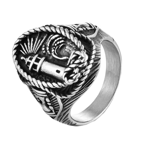 HIJONES Herren Edelstahl Gothic Leuchtturm Siegel Ring Seil Sanduhr Gravur Verlobung Ehering Silber Größe 68 (21.6) von HIJONES