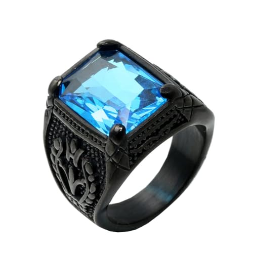 HIJONES Herren Edelstahl Gothic Mehrfarbige Kristall Edelstein Tulpe Gravur Chunky Biker Ring Punk Finger Schmuck Blauer Stein am Schwarzen See Größe 57 (18.1) von HIJONES