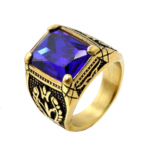HIJONES Herren Edelstahl Gothic Mehrfarbige Kristall Edelstein Tulpe Gravur Chunky Biker Ring Punk Finger Schmuck Gold Blauer Stein Größe 54 (17.2) von HIJONES