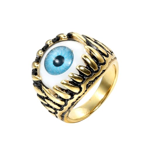 HIJONES Herren Edelstahl Gothic Mehrfarbige Kristall Edelstein Tulpe Gravur Chunky Biker Ring Punk Finger Schmuck Gold Blauer Stein Größe 54 (17.2) von HIJONES