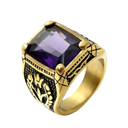 HIJONES Herren Edelstahl Gothic Mehrfarbige Kristall Edelstein Tulpe Gravur Chunky Biker Ring Punk Finger Schmuck Gold Lila Stein Größe 57 (18.1) von HIJONES