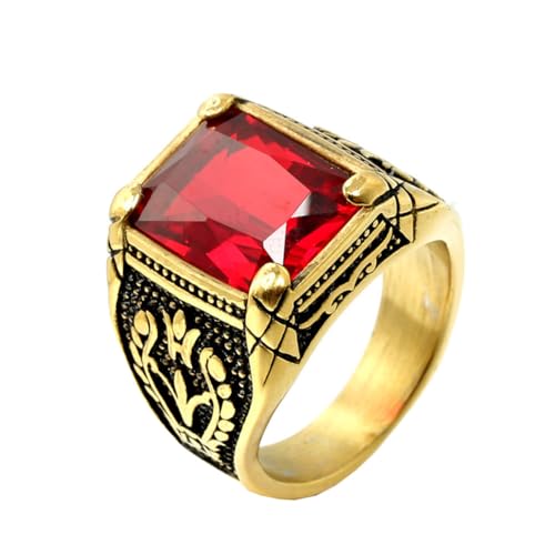HIJONES Herren Edelstahl Gothic Mehrfarbige Kristall Edelstein Tulpe Gravur Chunky Biker Ring Punk Finger Schmuck Gold Roter Stein Größe 62 (19.7) von HIJONES