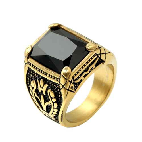 HIJONES Herren Edelstahl Gothic Mehrfarbige Kristall Edelstein Tulpe Gravur Chunky Biker Ring Punk Finger Schmuck Gold Schwarzer Stein Größe 65 (20.7) von HIJONES
