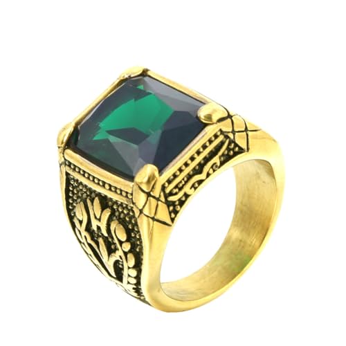 HIJONES Herren Edelstahl Gothic Mehrfarbige Kristall Edelstein Tulpe Gravur Chunky Biker Ring Punk Finger Schmuck Goldgrüner Stein Größe 54 (17.2) von HIJONES