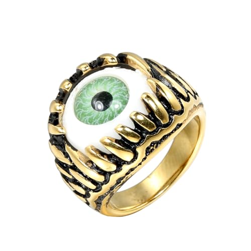 HIJONES Herren Edelstahl Gothic Mehrfarbige Kristall Edelstein Tulpe Gravur Chunky Biker Ring Punk Finger Schmuck Goldgrüner Stein Größe 57 (18.1) von HIJONES