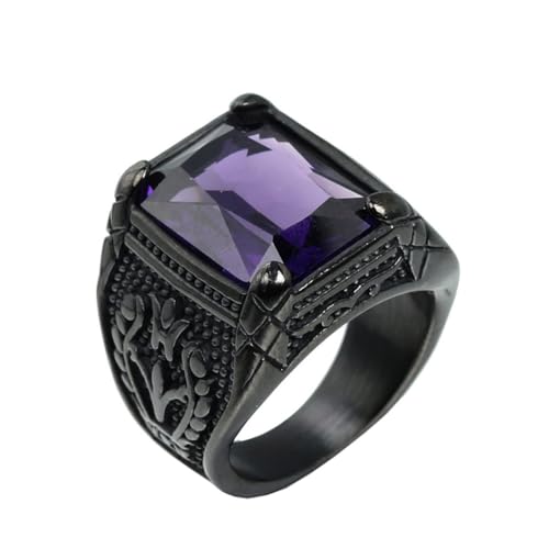 HIJONES Herren Edelstahl Gothic Mehrfarbige Kristall Edelstein Tulpe Gravur Chunky Biker Ring Punk Finger Schmuck Schwarzer Lila Stein Größe 75 (23.9) von HIJONES