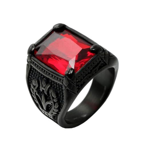 HIJONES Herren Edelstahl Gothic Mehrfarbige Kristall Edelstein Tulpe Gravur Chunky Biker Ring Punk Finger Schmuck Schwarzer Roter Stein Größe 65 (20.7) von HIJONES