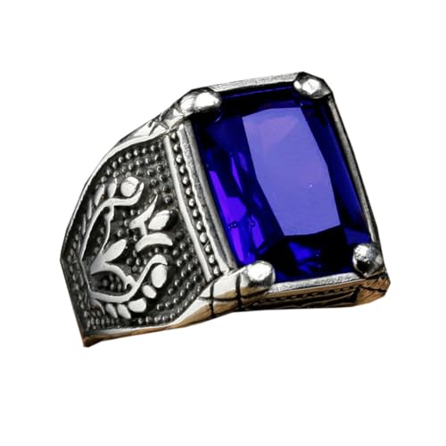 HIJONES Herren Edelstahl Gothic Mehrfarbige Kristall Edelstein Tulpe Gravur Chunky Biker Ring Punk Finger Schmuck Silber Blauer Stein Größe 54 (17.2) von HIJONES