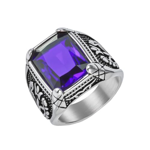 HIJONES Herren Edelstahl Gothic Mehrfarbige Kristall Edelstein Tulpe Gravur Chunky Biker Ring Punk Finger Schmuck Silber Lila Stein Größe 62 (19.7) von HIJONES