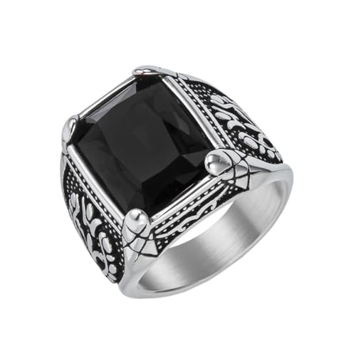 HIJONES Herren Edelstahl Gothic Mehrfarbige Kristall Edelstein Tulpe Gravur Chunky Biker Ring Punk Finger Schmuck Silber Schwarzer Stein Größe 60 (19.1) von HIJONES