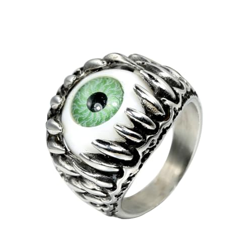 HIJONES Herren Edelstahl Gothic Mehrfarbige Kristall Edelstein Tulpe Gravur Chunky Biker Ring Punk Finger Schmuck Silbergrüner Stein Größe 60 (19.1) von HIJONES