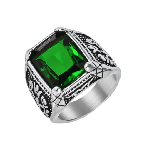 HIJONES Herren Edelstahl Gothic Mehrfarbige Kristall Edelstein Tulpe Gravur Chunky Biker Ring Punk Finger Schmuck Silbergrüner Stein Größe 70 (22.3) von HIJONES