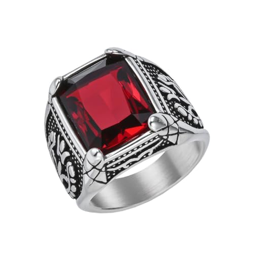 HIJONES Herren Edelstahl Gothic Mehrfarbige Kristall Edelstein Tulpe Gravur Chunky Biker Ring Punk Finger Schmuck Silberner Roter Stein Größe 65 (20.7) von HIJONES