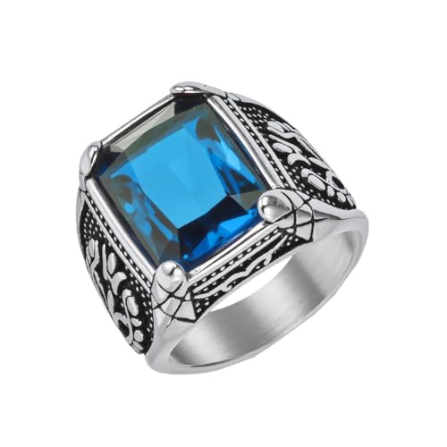 HIJONES Herren Edelstahl Gothic Mehrfarbige Kristall Edelstein Tulpe Gravur Chunky Biker Ring Punk Finger Schmuck Silbersee Blauer Stein Größe 72 (22.9) von HIJONES