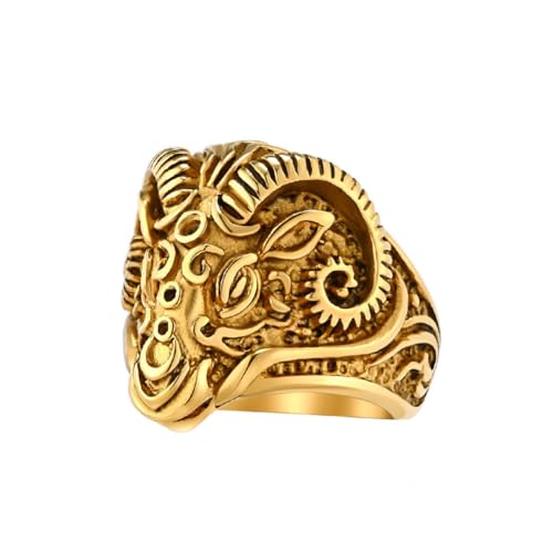 HIJONES Herren Edelstahl Gothic Ziege Ram Kopf Ring Band Mutiges Schaf inspiriert Titan Biker Knöchel Schmuck Gold Größe 54 (17.2) von HIJONES