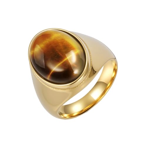 HIJONES Herren Edelstahl Große Ovale Kuppel Edelstein Achat Engagement Poliert Glatt Band Ring Charm Schmuck Gold Brauner Stein Größe 62 (19.7) von HIJONES