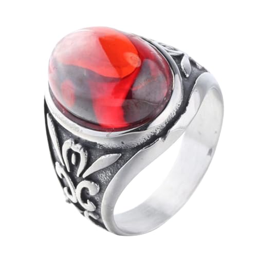 HIJONES Herren Edelstahl Große ovale Achat Pflanze Gravur Biker Ring Punk Antik Silber Edelstein Hochzeit Verlobungsband Rot Größe 60 (19.1) von HIJONES
