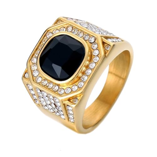 HIJONES Herren Edelstahl Großes Quadrat Achat Tigerauge Edelstein Paar Ehering Massiv Plattiert Versprechen Fingerband Gold Schwarzer Stein Größe 62 (19.7) von HIJONES