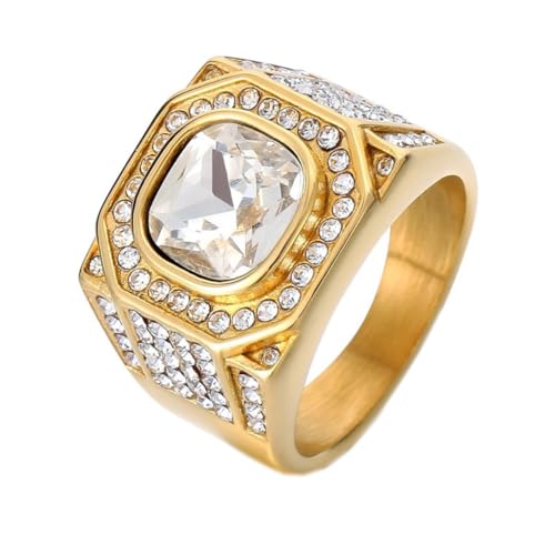 HIJONES Herren Edelstahl Großes Quadrat Achat Tigerauge Edelstein Paar Ehering Massiv Plattiert Versprechen Fingerband Gold Weißer Stein Größe 65 (20.7) von HIJONES