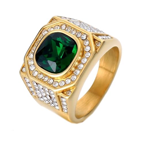 HIJONES Herren Edelstahl Großes Quadrat Achat Tigerauge Edelstein Paar Ehering Massiv Plattiert Versprechen Fingerband Goldgrüner Stein Größe 54 (17.2) von HIJONES