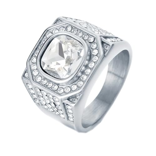 HIJONES Herren Edelstahl Großes Quadrat Achat Tigerauge Edelstein Paar Ehering Massiv Plattiert Versprechen Fingerband Silber Weißer Stein Größe 65 (20.7) von HIJONES