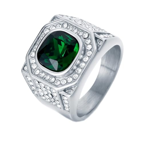 HIJONES Herren Edelstahl Großes Quadrat Achat Tigerauge Edelstein Paar Ehering Massiv Plattiert Versprechen Fingerband Silbergrüner Stein Größe 65 (20.7) von HIJONES