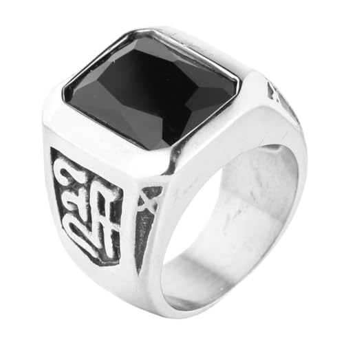 HIJONES Herren Edelstahl Großes Quadrat Onyx Edelstein Siegel Ring Schild Gravur Party Tumb Band Silber Schwarzer Stein Größe 65 (20.7) von HIJONES