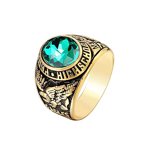 HIJONES Herren Edelstahl High School Class Ring mit fliegendem Adler Grüner Edelstein Größe 57 von HIJONES