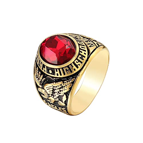 HIJONES Herren Edelstahl High School Class Ring mit fliegendem Adler Roter Edelstein Größe 62 von HIJONES