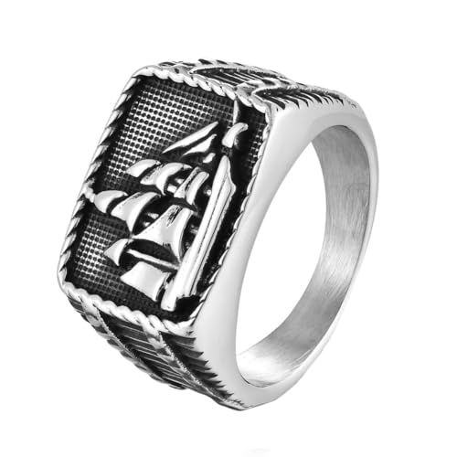 HIJONES Herren Edelstahl Hip Hop Segelboot Biker Siegel Ring Persönlichkeit Dominant Graviert Party Schmuck Silber Größe 54 (17.2) von HIJONES