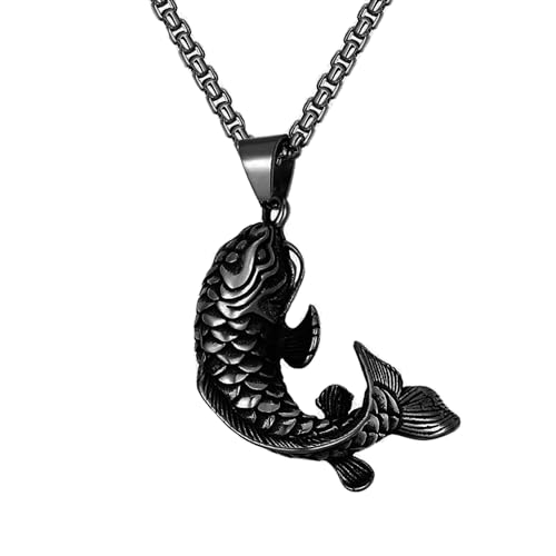 HIJONES Herren Edelstahl Koi Fisch Anhänger Halskette Chinesischer Karpfen Amulett Lucky Anhänger Schwarz Anhänger mit Kette von HIJONES