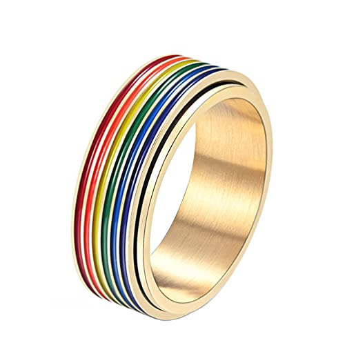 HIJONES Herren Edelstahl LGBT Pride Flag Ranibow Spinner Ring Schwulen und Lesben Gold 8mm Größe 54 von HIJONES