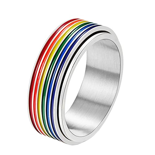 HIJONES Herren Edelstahl LGBT Pride Flag Ranibow Spinner Ring Schwulen und Lesben Silber 8mm Größe 52 von HIJONES