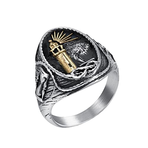 HIJONES Herren Edelstahl Leuchtturm Siegelring Nautisch Vintage Statement Ehering Gold Silber Größe 57 von HIJONES