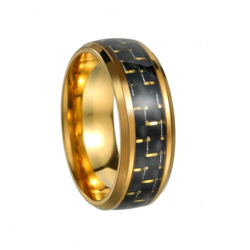 HIJONES Herren Edelstahl Minimalistische Kohlefaser Flach Abgeschrägt 8MM Titan Siegelring Hip Hop Komfort Fingerschmuck Gold Schwarz Größe 65 (20.7) von HIJONES