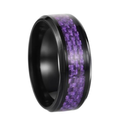 HIJONES Herren Edelstahl Minimalistische Kohlefaser Flach Abgeschrägt 8MM Titan Siegelring Hip Hop Komfort Fingerschmuck Schwarz Lila Größe 57 (18.1) von HIJONES