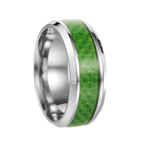 HIJONES Herren Edelstahl Minimalistische Kohlefaser Flach Abgeschrägt 8MM Titan Siegelring Hip Hop Komfort Fingerschmuck Silber Grün Größe 52 (16.6) von HIJONES